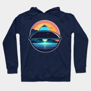 UFO Flying Saucer over sea with neon light Hoodie